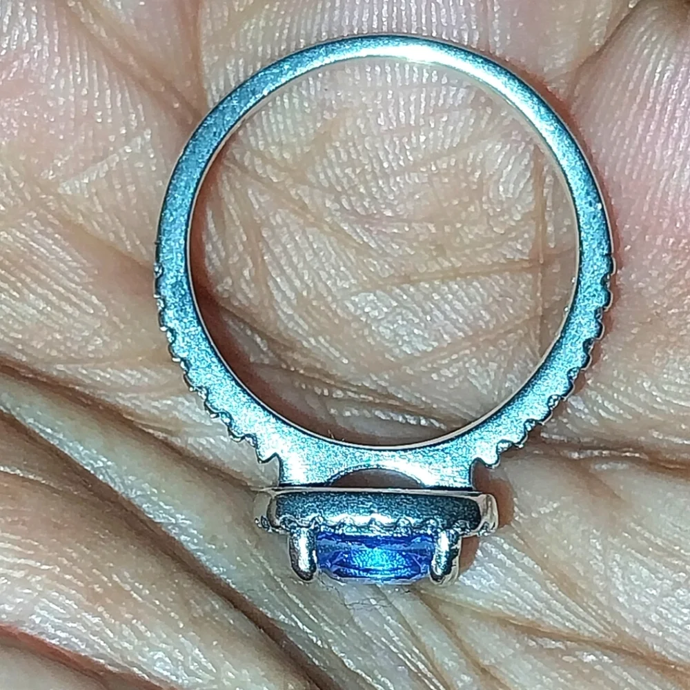 Blue Sapphire 925 Silver Halo Ring with Diamond Accents Sz 6